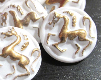 Czech HORSE Button White Glass Gold Luster One (1) Czech Prancing Horse Button 7/8" (23mm) NBS Vintage Button Jewelry Supplies (R725)