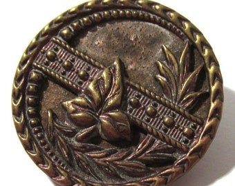 Vintage Picture Button Brass ANTIQUE Button One (1) Red Tint Leaf Floral Victorian Wedding Jewelry Sewing Costume Supplies (M548)