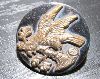 Vintage Button Brass Parrot on Branch BLUE Steel Back 7/8" (23mm) Button NBS Collectable Picture Jewelry Sewing Supplies (F439)