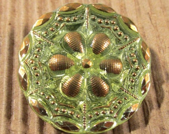 Czech Glass Flower Button 27mm VINTAGE Czech Glass Button One (1) Gold Luster Lime Green Czech Glass Vintage Button Jewelry Supplies (A209)