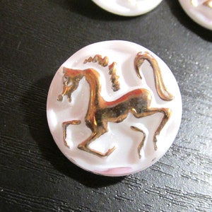 Czech HORSE Buttons White Glass Gold Luster TWO (2) Czech Prancing Horse Buttons 7/8&quot; (23mm) NBS Vintage Buttons Jewelry Supplies (F511)