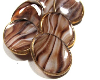 VINTAGE Buttons Brown Slag Glass Buttons Oval Shape Gold Luster Czech Glass Buttons Six (6) Buttons Wedding Jewelry Supplies (R612)