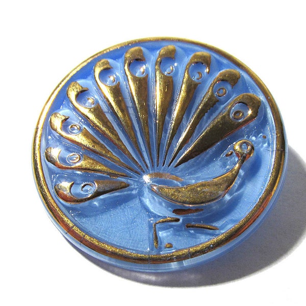Czech Peacock Button Moonglow 36mm Blue Gold Luster Peacock Czech Glass Button One (1) Czech Glass Vintage Button Jewelry Supplies (N336)