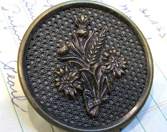 Antique Button One (1) Brass Top w/Steel Back Flower Bouquet w/Screen Background 1 3/8" NBS Medium Jewelry Sewing Costume Supplies (L445)