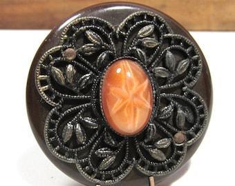 Vintage Button Bakelite Button w/ Brass Filigree Bakelite JEWEL Button Brown w/Peach Glass Jewel 1 3/4" (43.5mm) NBS Collectible OME (R604)