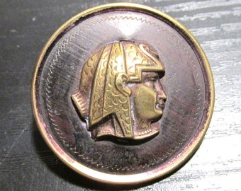 Vintage Button Egyptian Revival Button Pharaoh Profile Unusual Background Leather? 1 3/8" Vintage Fashion Jewelry Supplies (A407)