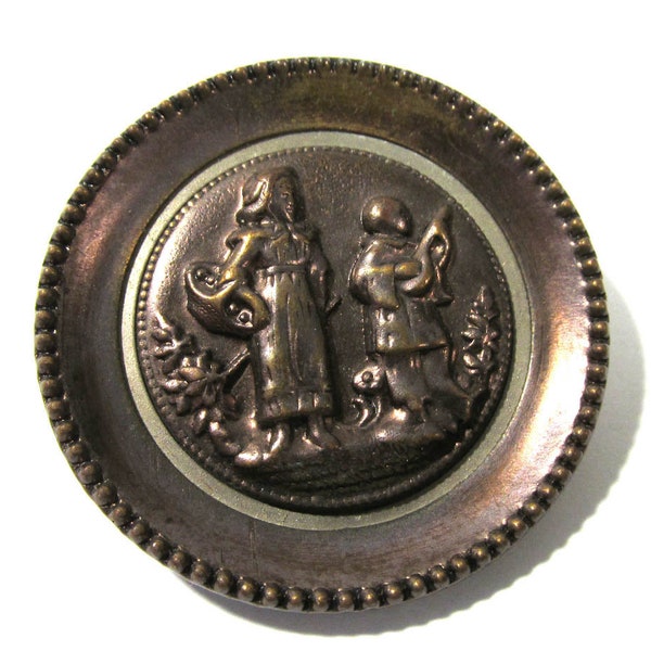 Vintage Button Woman Troubadour Picture Button One (1) Tinted Brass Button NBS Large 1 1/2" (37.5mm) Victorian Sewing Jewelry Supplies (T407