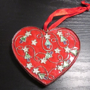 VINTAGE Enamel Heart Ornament Christmas Trees Xtra Large Enamel Heart w/ Glitter Trees Stars Christmas Enamel Holiday Supplies (N502)