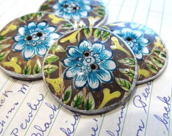 Hand Painted Coconut Shell Buttons Four (4) Coconut Shell Buttons Beautiful Flowers 1 3/8" (35mm) Wedding Jewelry Sewing Supplies (A339)