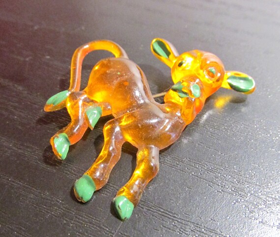 VINTAGE Celluloid Pin FUN Calf / Cow with Tongue … - image 5