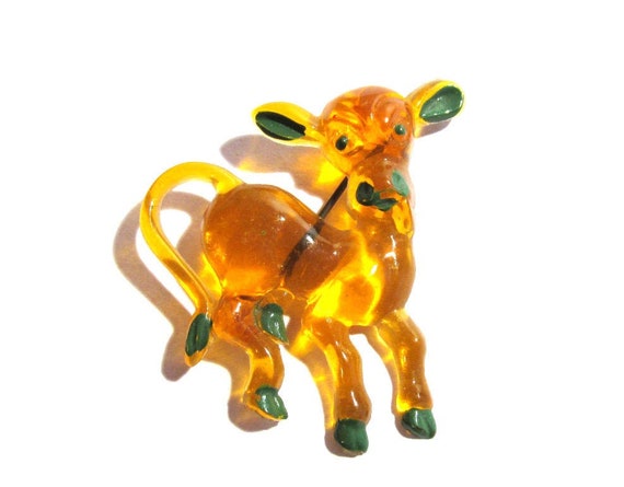 VINTAGE Celluloid Pin FUN Calf / Cow with Tongue … - image 1