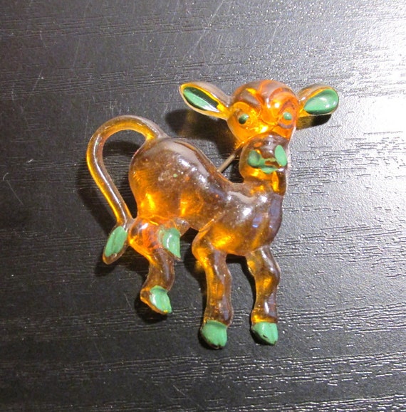 VINTAGE Celluloid Pin FUN Calf / Cow with Tongue … - image 2