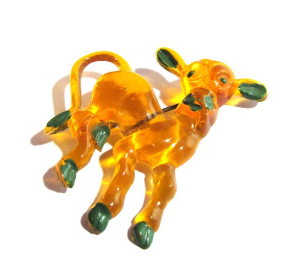 VINTAGE Celluloid Pin FUN Calf / Cow with Tongue … - image 3