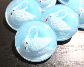 Czech SWAN Buttons Hand Painted Glass Swans Czech Glass Buttons Six (6) Matching Swans Blue Glass Vintage Buttons Jewelry Supplies (R716)