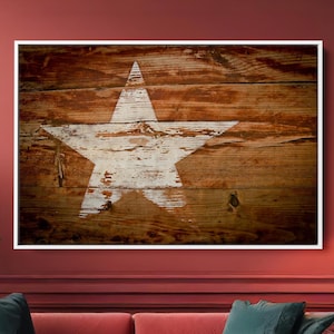 Rustic Wooden Star Canvas Art, Distressed Farmhouse Wall Decor, Vintage Western Print, Texas Style Home Gift