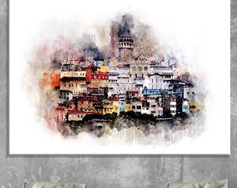 Op de afbeelding: Een groot canvasdoek met een aquarel schilderij dat een stadsgezicht met een prominente toren afbeeldt. Het kunstwerk bevat een mix van kleuren, waaronder oranje, geel, blauw en bruin, waardoor een levendige en artistieke weergave van de stad ontstaat.