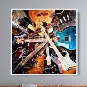 May include: A framed artwork depicting a collection of electric and acoustic guitars in various colours, including blue, brown, and black. The guitars are arranged in a dynamic composition, with visible strings and body details.