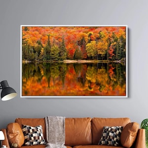 Bellissimo paesaggio autunnale, vista foresta autunnale, tela, stampa lago, foto paesaggio autunnale, arte murale extra large, decorazione da parete, poster autunnale