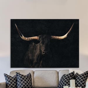 Black Texas Cow Wall Art Longhorn Bull Canvas Wild Animal Print Modern Farmhouse Wall Decor Cottagecore Extra large Art Housewarming Gifts