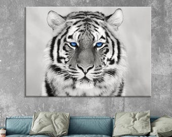 Black and White Tiger with Blue Eyes Wall Art, Beautiful Blue Eye Tiger Wall Art, Tiger Canvas Poster, Animal Art, Canvas Art Ready to Hang