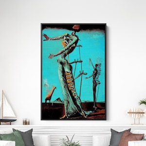 May include: Surrealist painting featuring a tall, slender figure with a long, flowing dress and a giraffe in the background. The figure is made up of stacked boxes and is standing on a platform with several poles. The painting is set against a blue sky with clouds.