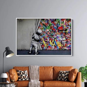Behind The Curtain - Banksy Style Street Art Canvas Wall Art, Urban Graffiti Print, Modern Pop Art Home Decor
