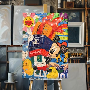 Mickey Mouse Pop Art Canvas with Murakami Flower, Gift Boxes, Hollywood Text, Vibrant Street Graffiti Wall Art, Colorful Urban Artwork