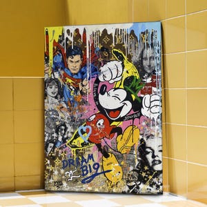 Dream Big Mickey Street Graffiti Oil Painting, Mickey Mouse 100% Hand Painted Canvas, Iconic Urban Pop Art Decor