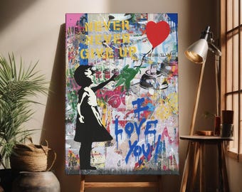 May include: A colorful canvas print featuring a girl holding a red heart balloon. The background is a collage of various images and text, including the words "Never Give Up" and "I Love You".