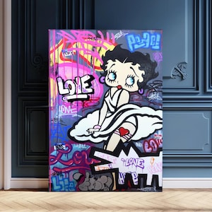 Betty Boop Street Graffiti Art Oil Painting, 100% Hand Painted Vibrant Pop Art Canvas