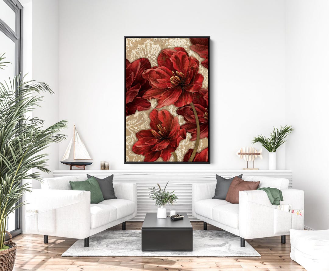 Red Flower Family - Dramatic Floral Canvas Wall Art Print With Textured ...