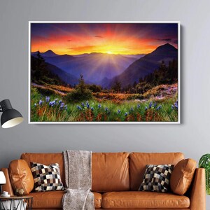 Sunrise Over Mountains Canvas Art – Custom Nature Landscape Wall Decor, Serene Mountain View Poster for Home, Office, or Cabin