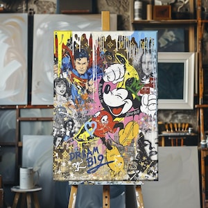 Dream Big Mickey Pop Art Graffiti Painting, Mickey Mouse Handmade Oil Painting, Banksy Style Mickey Mouse Pop Art Oil Paint