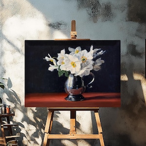 Flower with Vase, White Flowers in Shiny Metal Vase, Elegant Oil Painting, Modern Canvas Art, Timeless Floral Decor