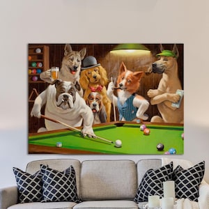 Dogs Playing Pool billiards Oil Painting Pictures Printed On Canvas,Home Decor Living Room Decor Room Decor,game room art Office art Decor