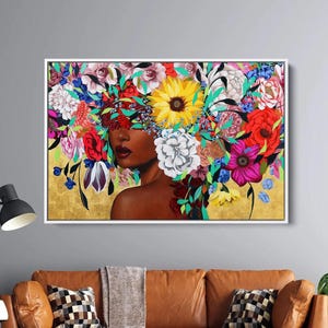Bunter Blumenkopf Frau Leinwand - Lebendige weibliche Porträt Wandkunst, moderner Boho Stil, Blumenkrone Abstrakte Leinwand Dekor