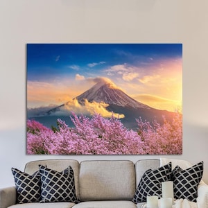 Japanese Sakura Wall Decor, Japanese Flowering Cherry Blossom Art, Mount Fuji, Huge Canvas Wall Decor, Japanese Peaceful Modern Art
