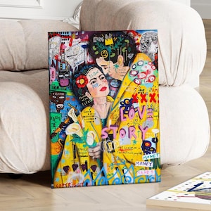 Frida and Diego Street Graffiti Oil Painting, Frida and Diego 100% Hand Painted Canvas, Iconic Urban Pop Art Decor