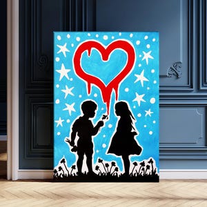 Banksy-Inspired Children Painting Red Heart in Sky, Urban Graffiti Art, Modern Street Art Oil Painting, Hand-Painted Canvas