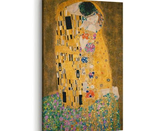 May include: A painting of two figures in a passionate embrace, their bodies adorned with intricate patterns of gold, black, and white. The background is a field of colorful flowers.