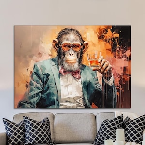 Lienzo decorativo para pared de caballero mono, chimpancé con traje y vaso de whisky, pintura abstracta, regalo para un viejo amigo.