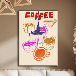 Colorful Coffee Cups Canvas Print, Coffee Lover Wall Art, Retro Cafe Poster, Barista Kitchen Decor, Illustrated Coffee Art