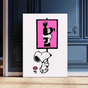 Cartoon Dog Protestor, Banksy Bomb Hugger-Inspired Art, Graffiti & Street Art, Bold Urban Canvas Painting, Modern Contemporary Decor