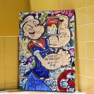 Campbell&#39;s Popeye Jamming Pop Art Graffiti Painting, Popeye Handmade Oil Painting, Banksy Style Popeye Pop Art Oil Paint