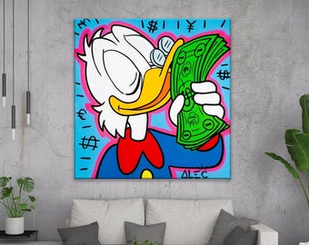 Donald Duck Money Pop Art Canvas – Colorful Cartoon Street Style Wall Art, Rich Duck Artwork, Graffiti Style Comic Decor