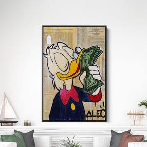 Scrooge McDuck Dollars Pop Art Canvas – Bold Cartoon Money Wall Art for Office or Home, Urban Style McDuck Poster Print Decor