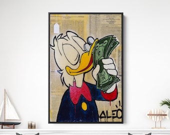May include: A cartoon duck with a yellow beak and white feathers is depicted in a colorful painting. The duck is wearing a blue suit with a red bow tie and is holding a stack of dollar bills to its mouth. The background is a newspaper print with the word "ALEO" written in black paint.