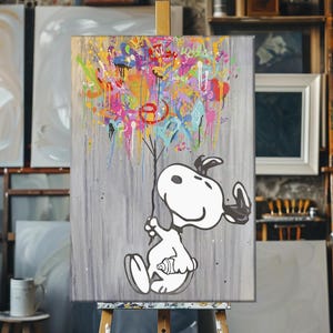 Cartoon Dog with Graffiti Balloon, Colorful Pop Art, Urban Street Style, Modern Canvas Art, Unique Contemporary Decor