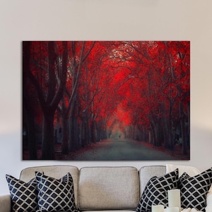 Roter Wald, roter Blätterwald, Kunstdruck, schöner roter Baum-Park, Wohnkultur, Innendekoration, Geschenkidee, Wandkunst, Dekor