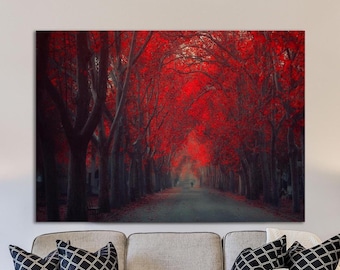 Red forest, Art Print of Red leaves forest, Canvas Print, Beautiful Red Tree Park, Home decor, interior design, gift idea, Wall art, Decor